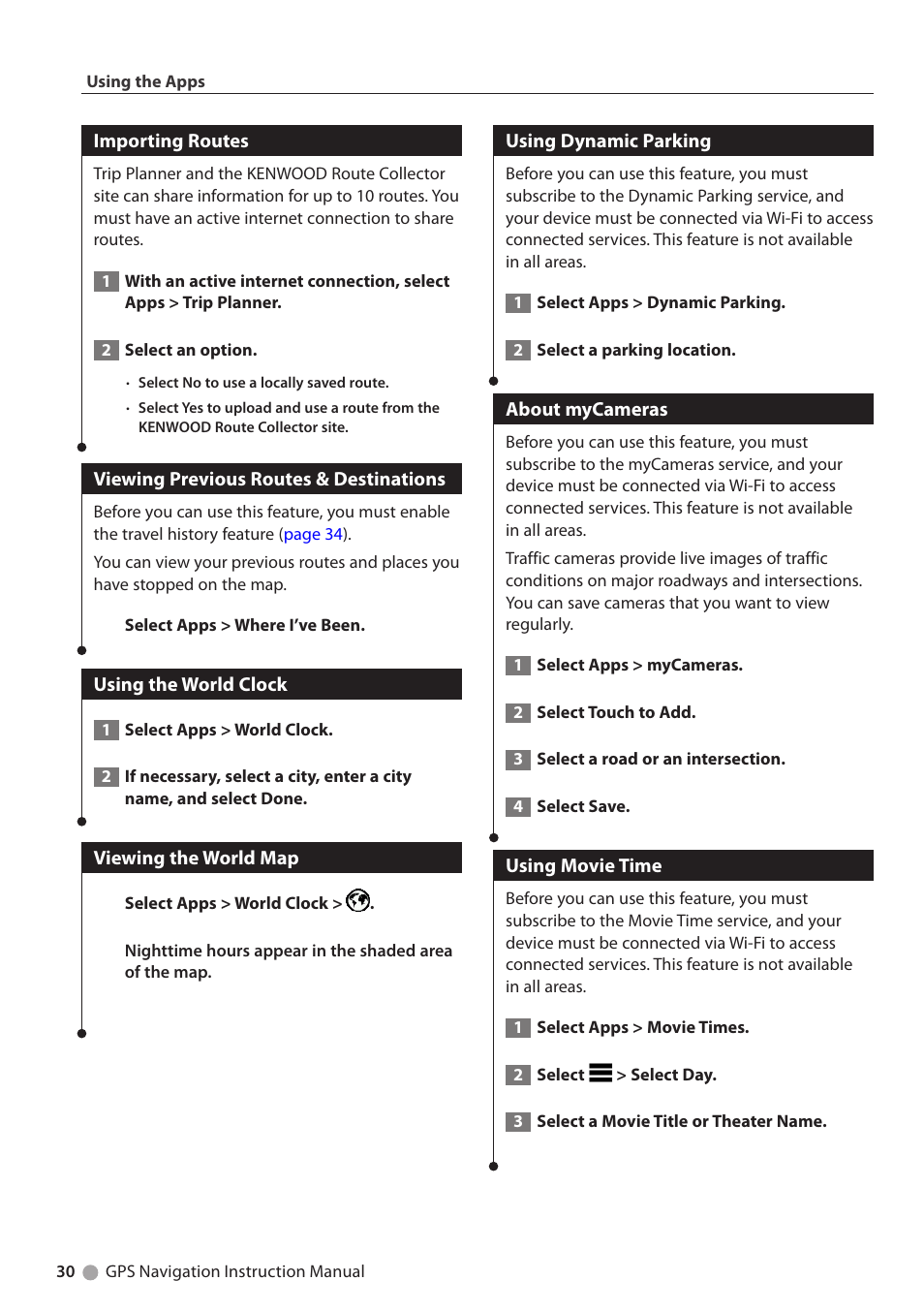 Importing routes, Viewing previous routes & destinations, Using the world clock | Viewing the world map, Using dynamic parking, About mycameras, Using movie time | Kenwood DNN991HD User Manual | Page 30 / 36
