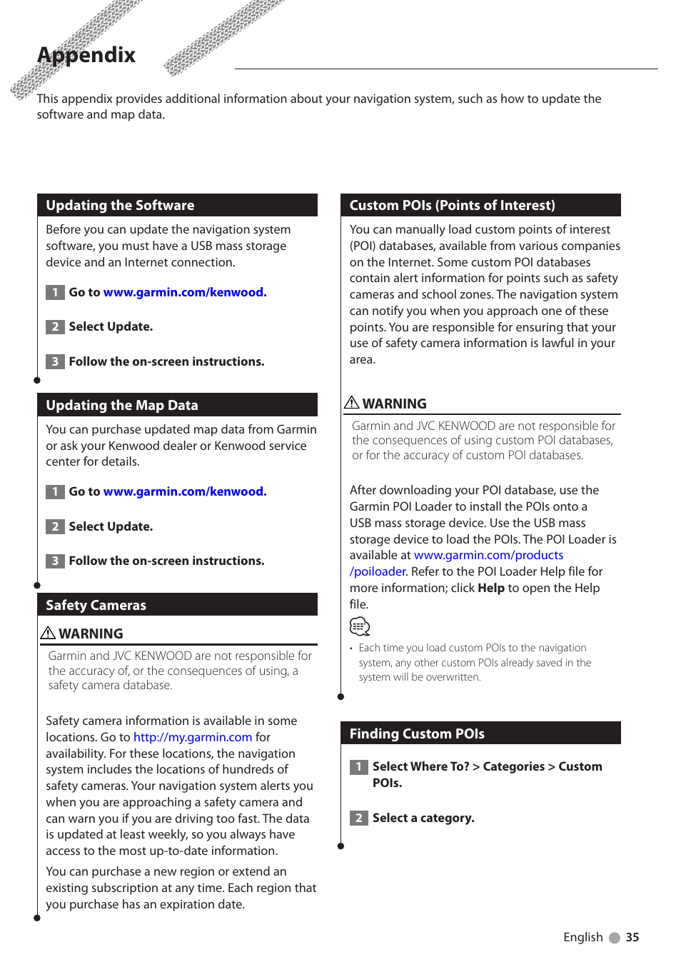 Appendix, Updating the software, Updating the map data | Safety cameras, Custom pois (points of interest), Finding custom pois | Kenwood DNN991HD User Manual | Page 35 / 36