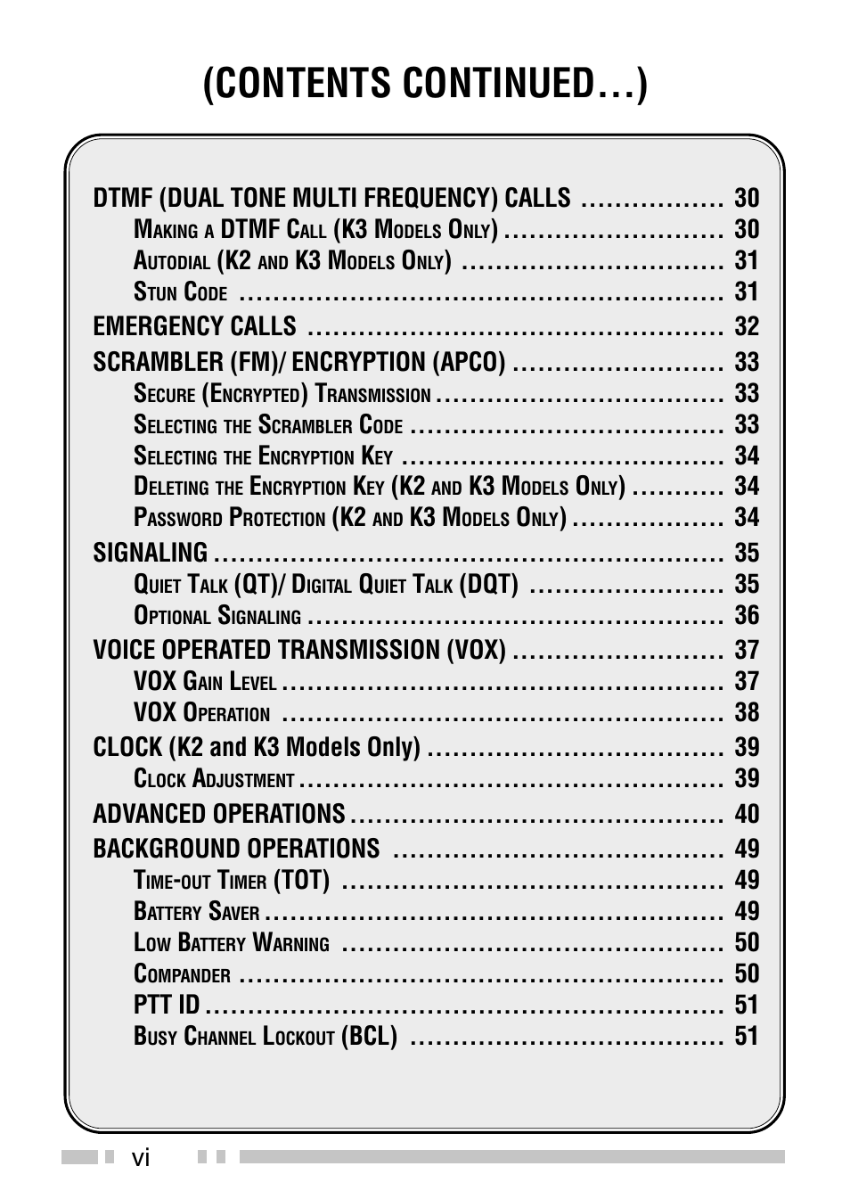Contents continued…), Dtmf (dual tone multi frequency) calls m, Dtmf c | K3 m, Signaling q, Qt)/ d, Dqt) o, Voice operated transmission (vox) vox g, Vox o, Clock (k2 and k3 models only) c | Kenwood TK-5210G/5310G User Manual | Page 8 / 60