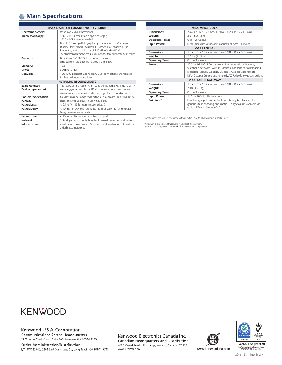 Main specifications | Kenwood Max Console User Manual | Page 2 / 2