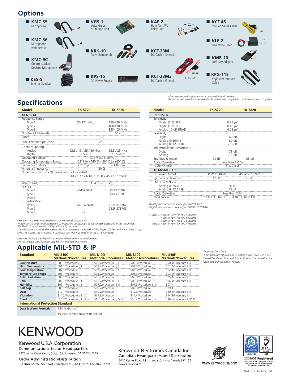 Options specifications applicable mil-std & ip, Kmc-35, Kmc-36 | Kmc-9c, Kes-5, Vgs-1, Krk-10, Kps-15, Kap-2, Kct-23m | Kenwood TK-5720/5820 User Manual | Page 2 / 2