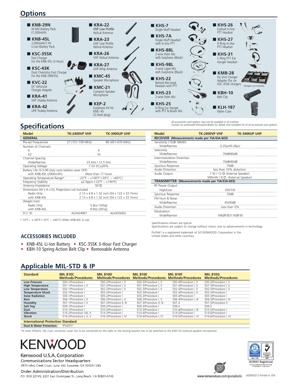 Options, Specifications, Applicable mil-std & ip | Accessories included | Kenwood TK-2400VP/3400UP User Manual | Page 2 / 2