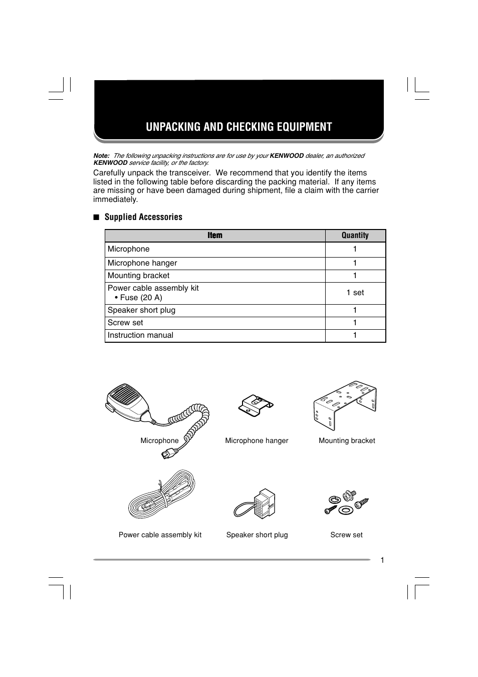 Unpacking and checking equipment | Kenwood TK-6110 User Manual | Page 5 / 20