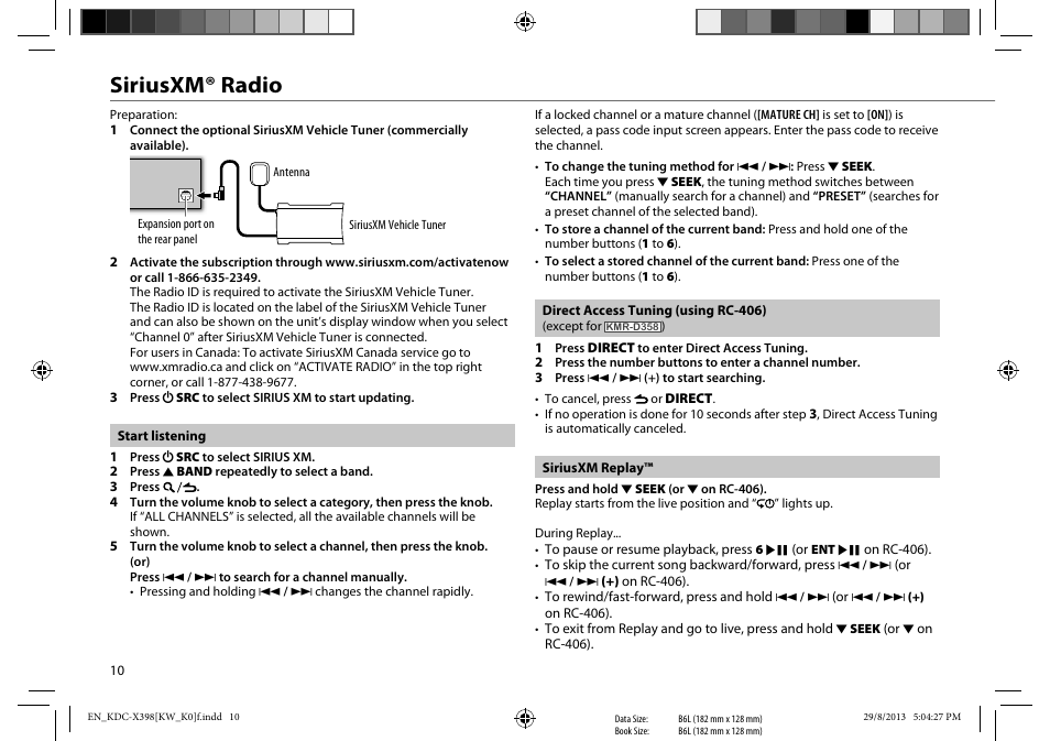 Siriusxm® radio | Kenwood KMR-D358 User Manual | Page 10 / 52