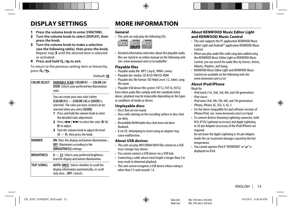 More information, Display settings | Kenwood KMR-D358 User Manual | Page 13 / 52