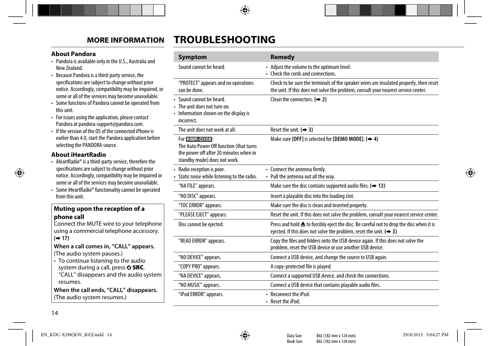 Troubleshooting | Kenwood KMR-D358 User Manual | Page 14 / 52