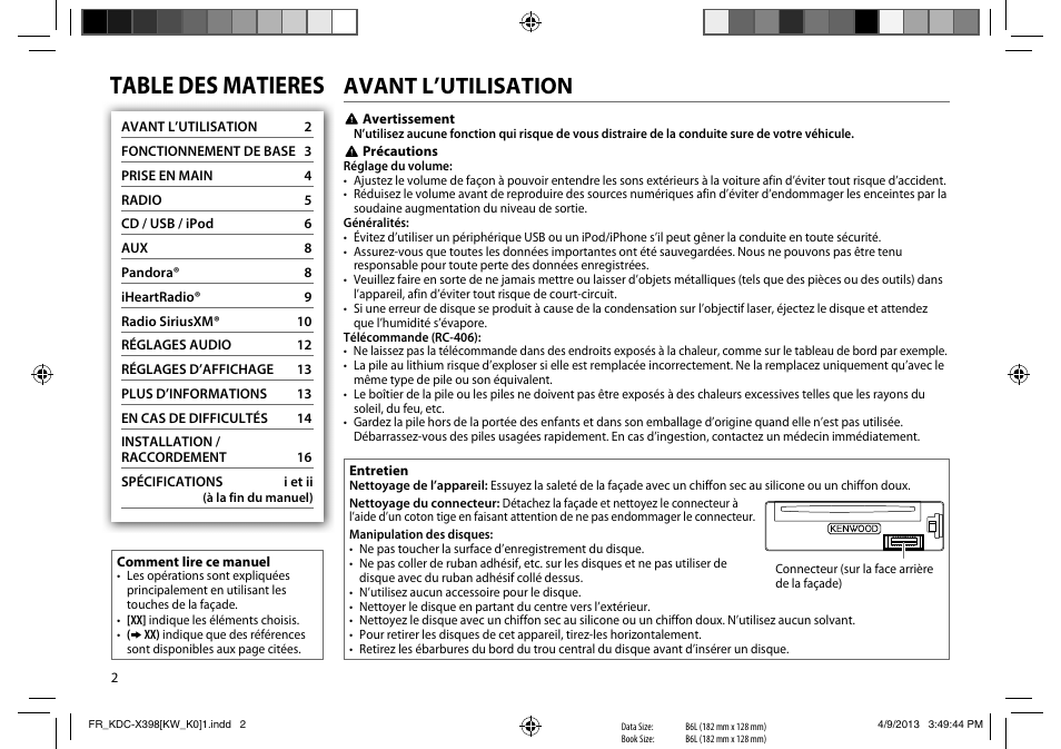 Table des matieres, Avant l’utilisation | Kenwood KMR-D358 User Manual | Page 18 / 52