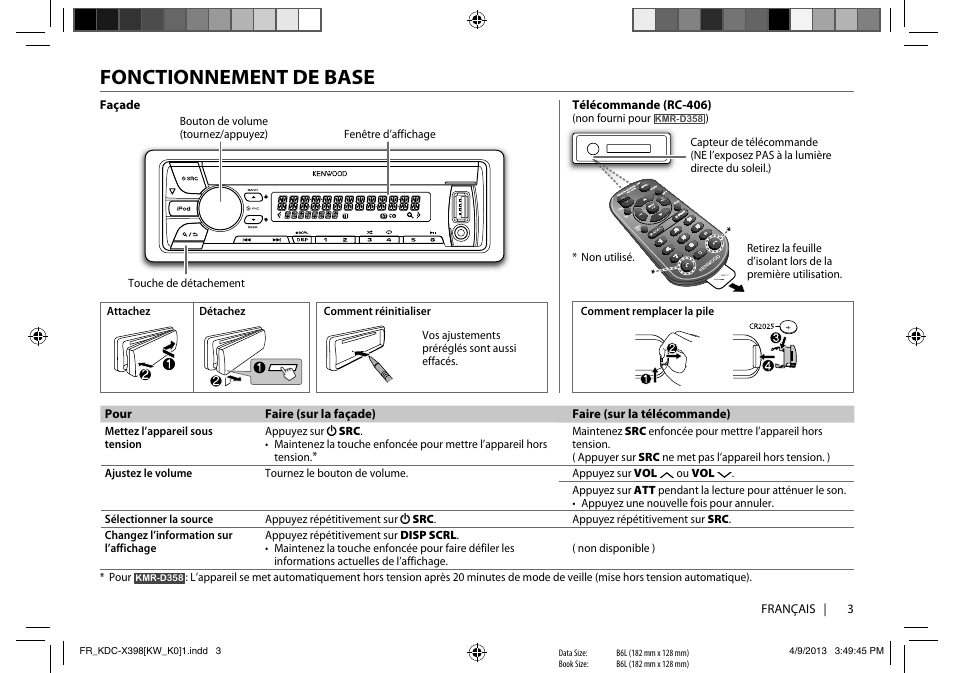 Fonctionnement de base | Kenwood KMR-D358 User Manual | Page 19 / 52