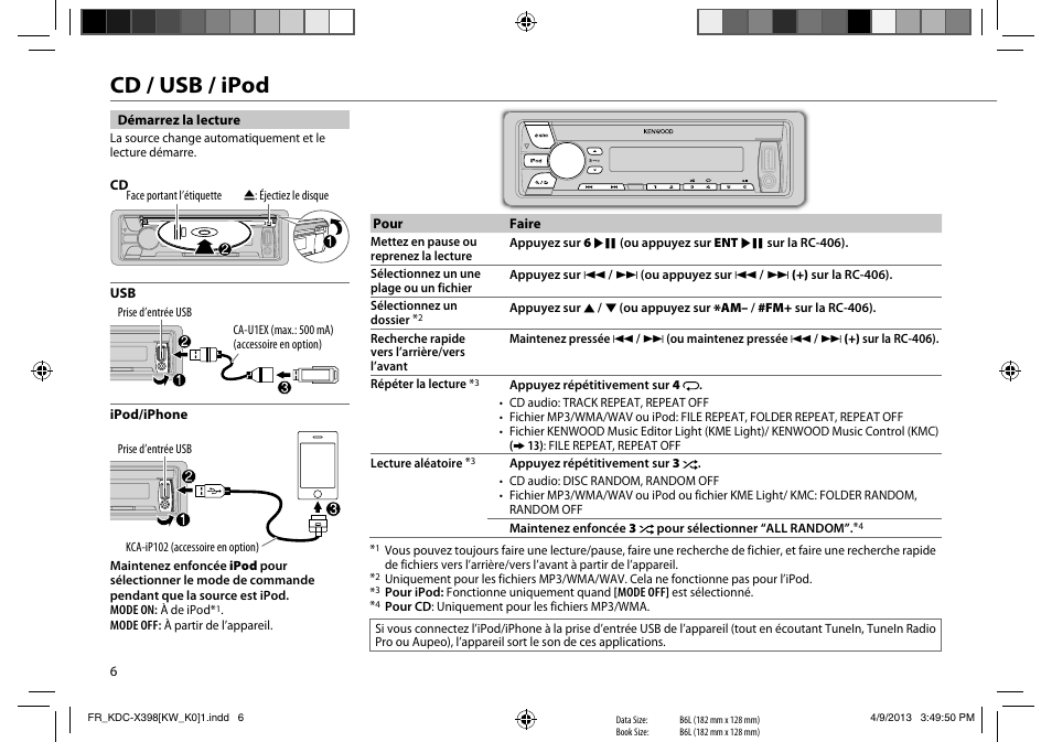 Cd / usb / ipod | Kenwood KMR-D358 User Manual | Page 22 / 52