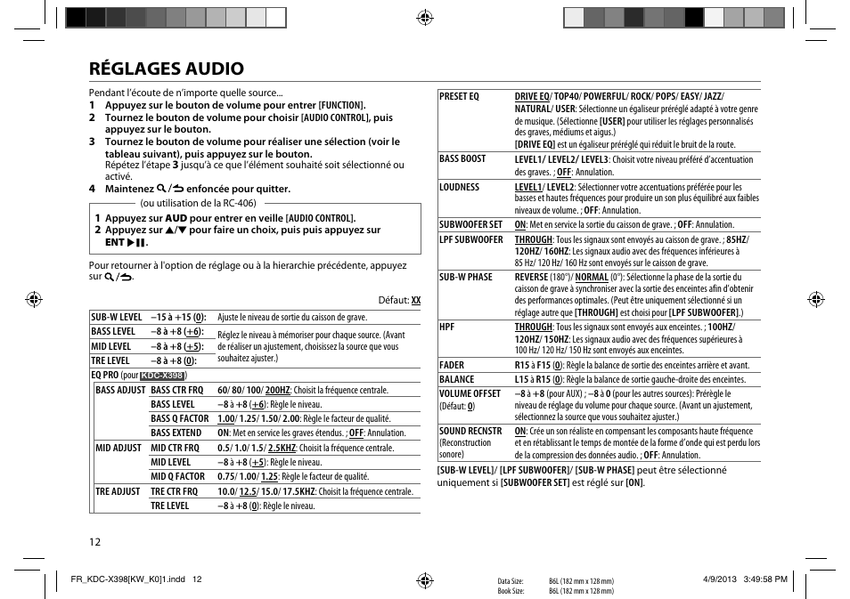 Réglages audio | Kenwood KMR-D358 User Manual | Page 28 / 52