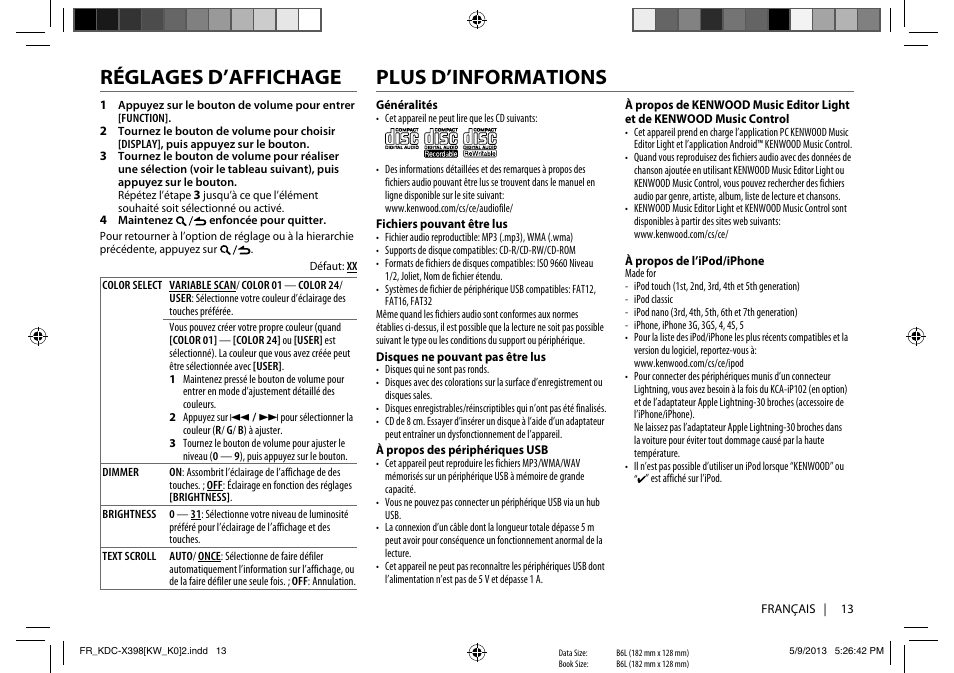 Plus d’informations, Réglages d’affichage | Kenwood KMR-D358 User Manual | Page 29 / 52