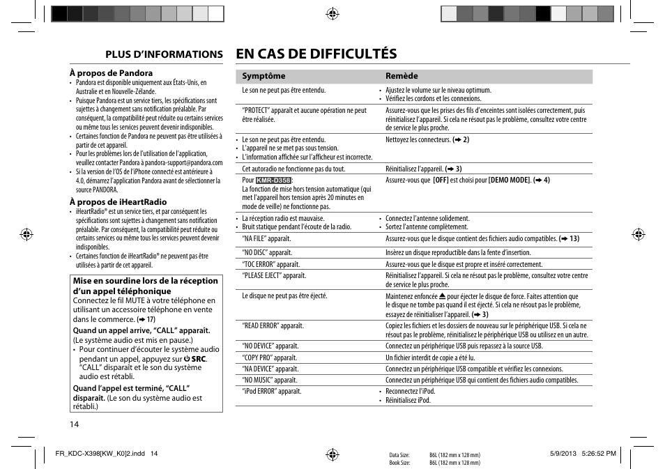 En cas de difficultés | Kenwood KMR-D358 User Manual | Page 30 / 52