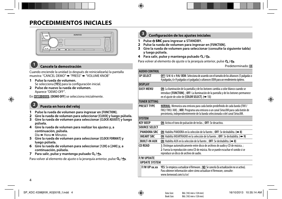 Procedimientos iniciales | Kenwood KMR-D358 User Manual | Page 36 / 52