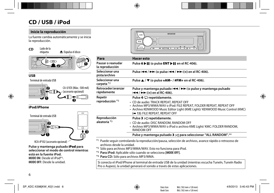 Cd / usb / ipod | Kenwood KMR-D358 User Manual | Page 38 / 52