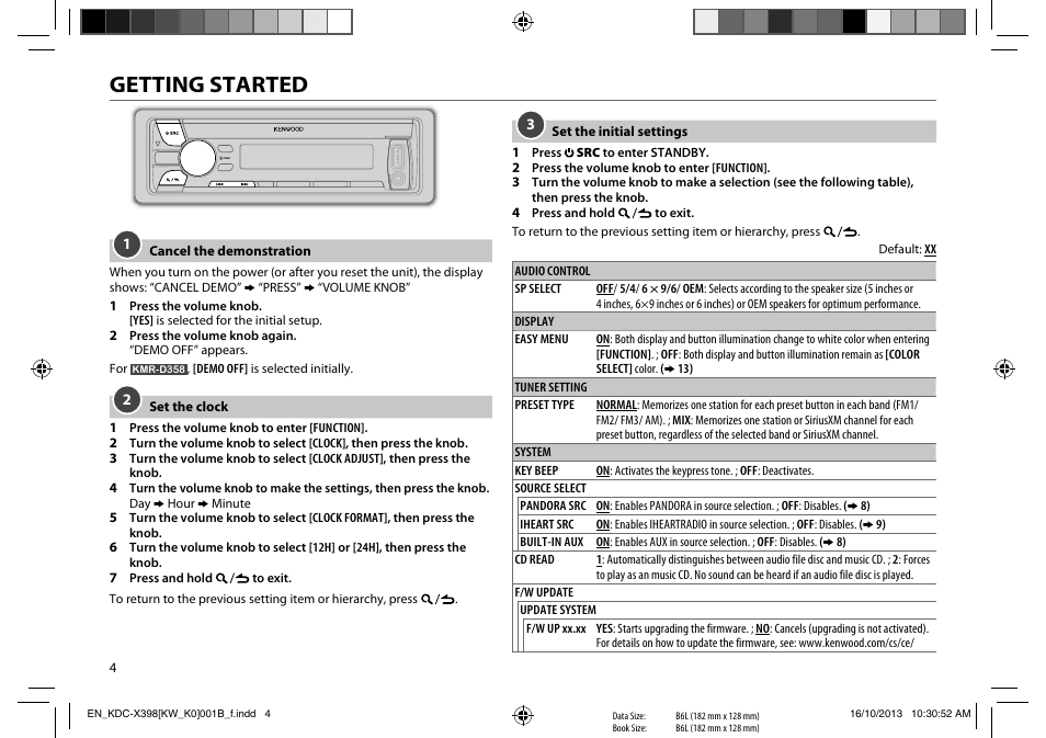 Getting started | Kenwood KMR-D358 User Manual | Page 4 / 52