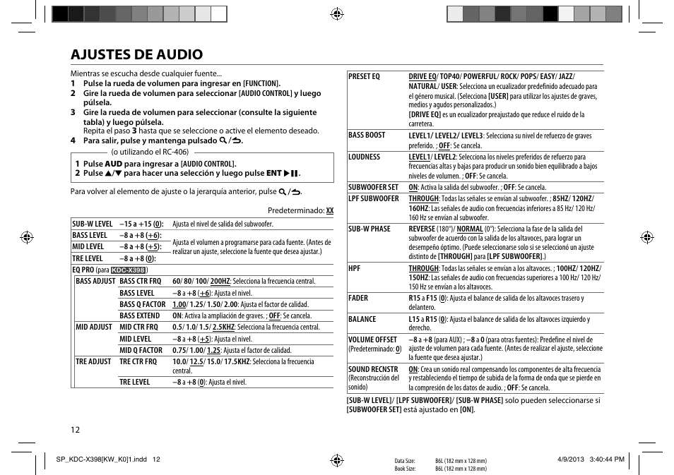 Ajustes de audio | Kenwood KMR-D358 User Manual | Page 44 / 52