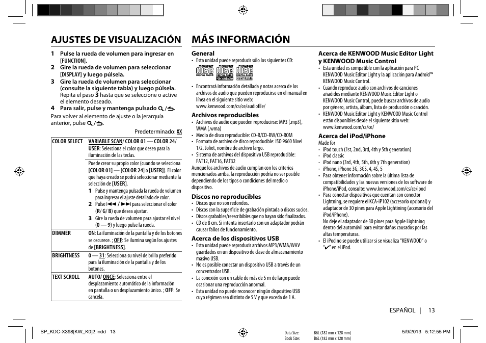 Más información, Ajustes de visualización | Kenwood KMR-D358 User Manual | Page 45 / 52