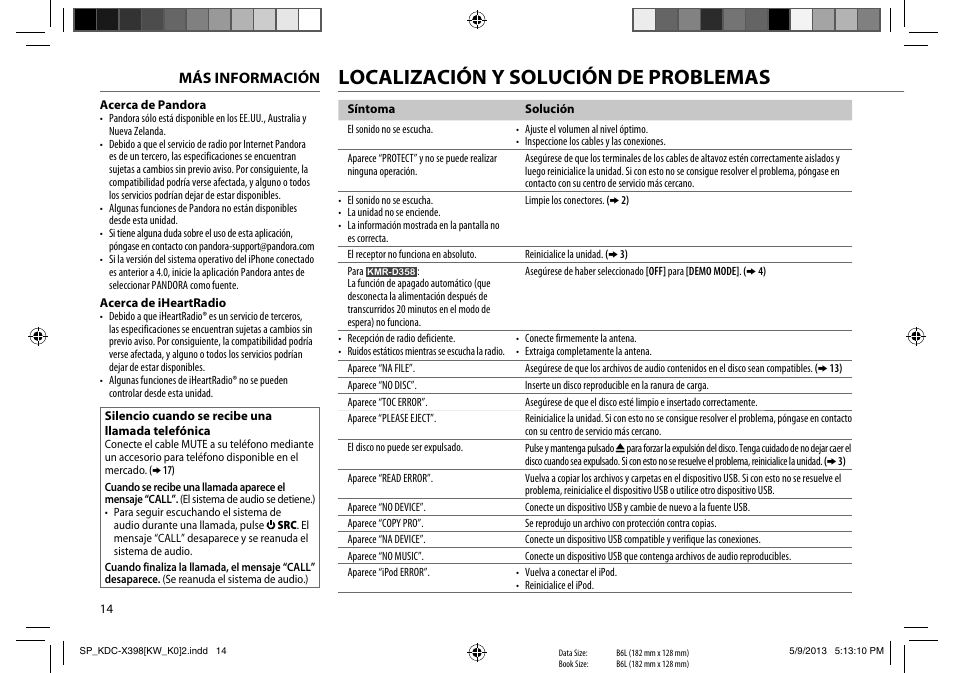 Localización y solución de problemas | Kenwood KMR-D358 User Manual | Page 46 / 52