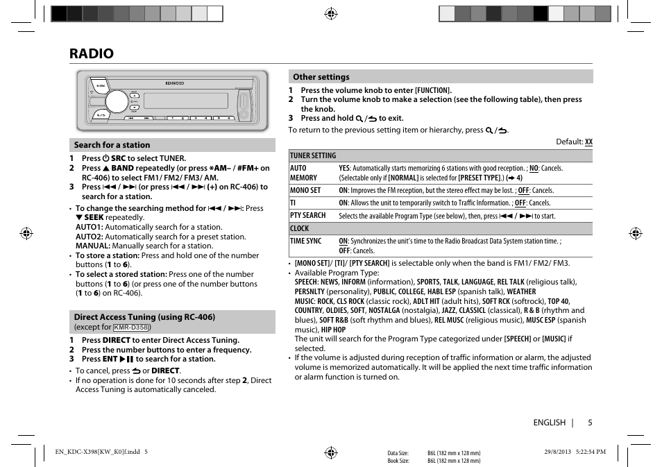 Radio | Kenwood KMR-D358 User Manual | Page 5 / 52