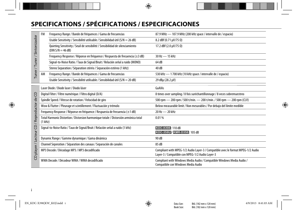 Specifications / spécifications / especificaciones | Kenwood KMR-D358 User Manual | Page 50 / 52