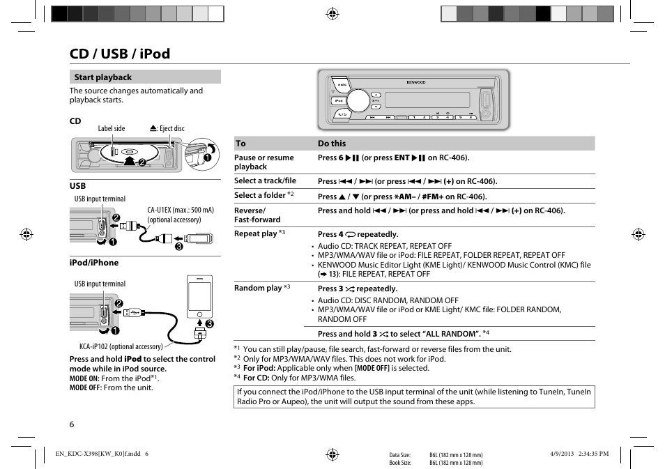 Cd / usb / ipod | Kenwood KMR-D358 User Manual | Page 6 / 52