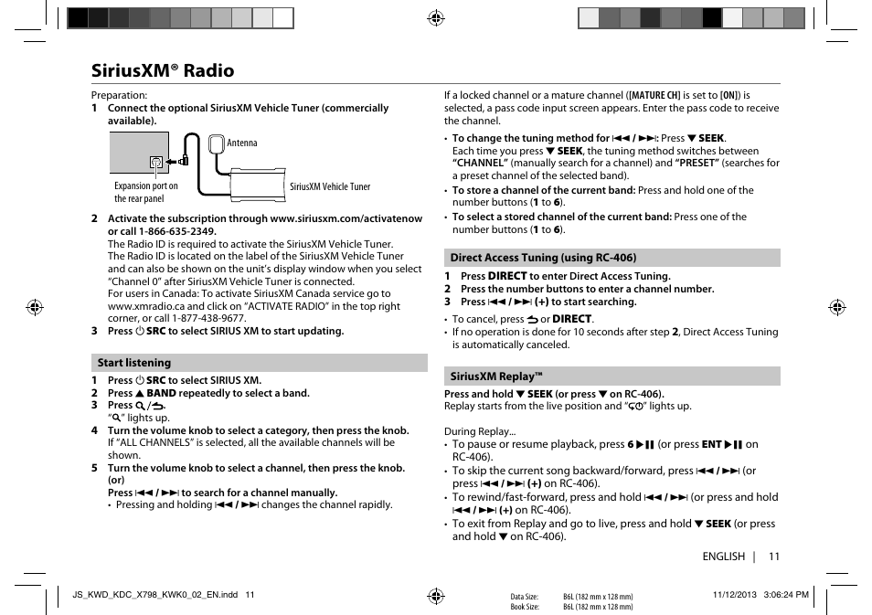 Siriusxm® radio | Kenwood KDC-X798 User Manual | Page 11 / 80