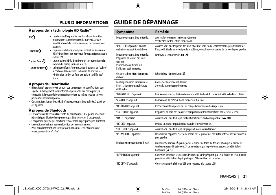 Guide de dépannage, Plus d’informations | Kenwood KDC-X798 User Manual | Page 45 / 80