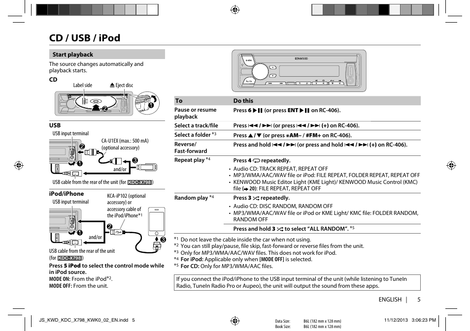 Cd / usb / ipod | Kenwood KDC-X798 User Manual | Page 5 / 80