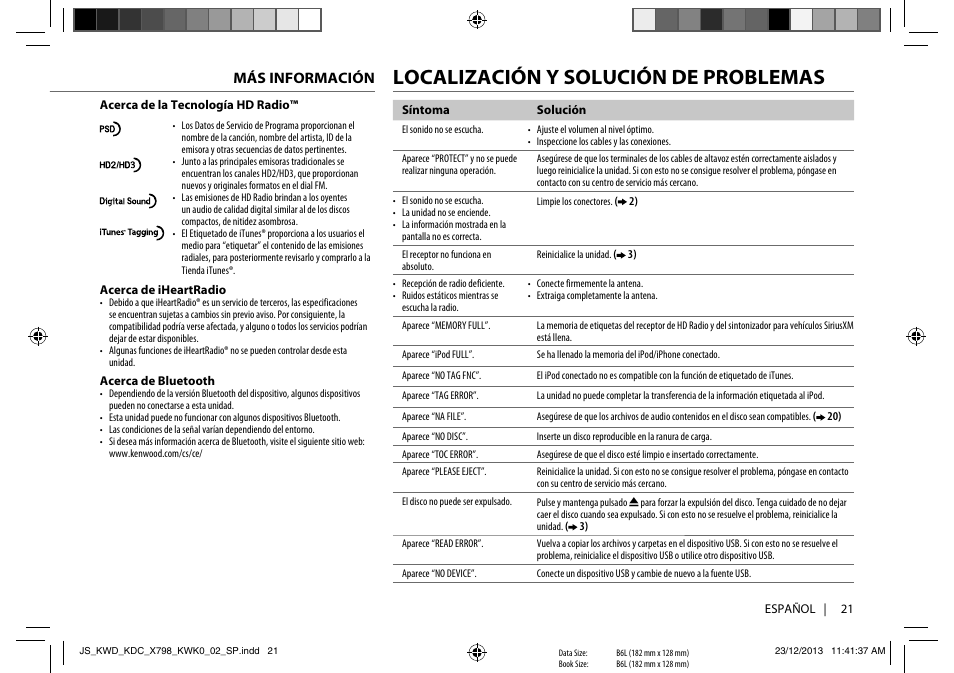 Localización y solución de problemas, Más información | Kenwood KDC-X798 User Manual | Page 69 / 80