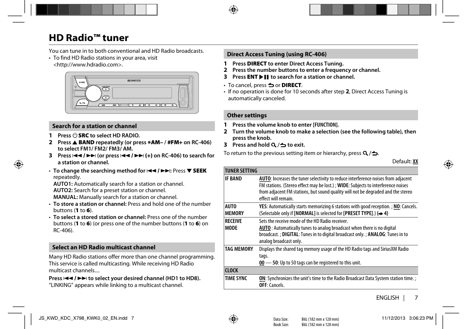 Hd radio™ tuner | Kenwood KDC-X798 User Manual | Page 7 / 80