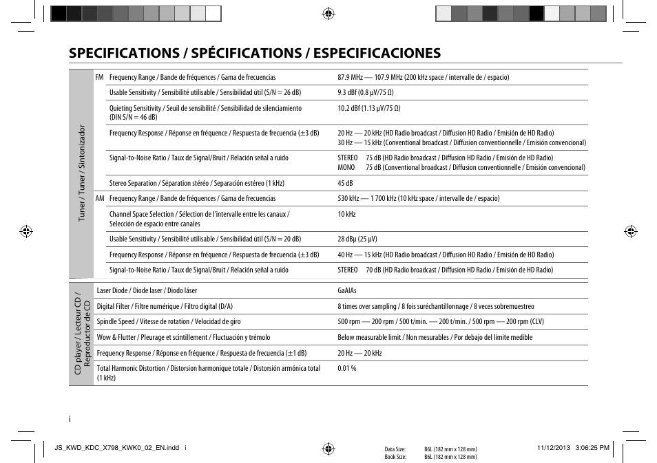 Specifications / spécifications / especificaciones | Kenwood KDC-X798 User Manual | Page 74 / 80