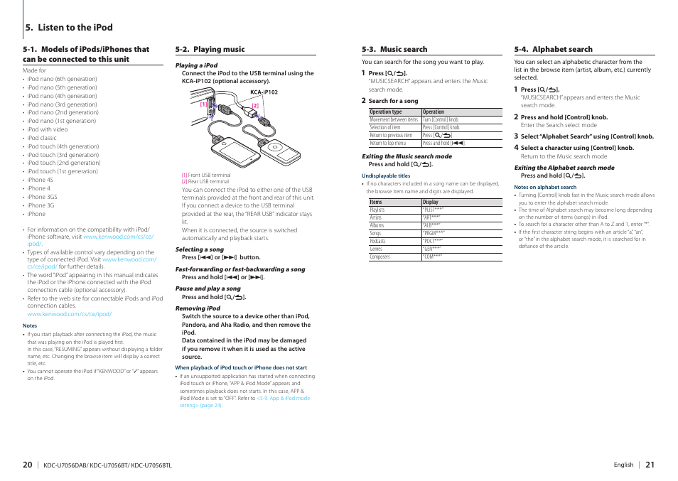 Listen to the ipod | Kenwood KDC-U7056BT User Manual | Page 10 / 41