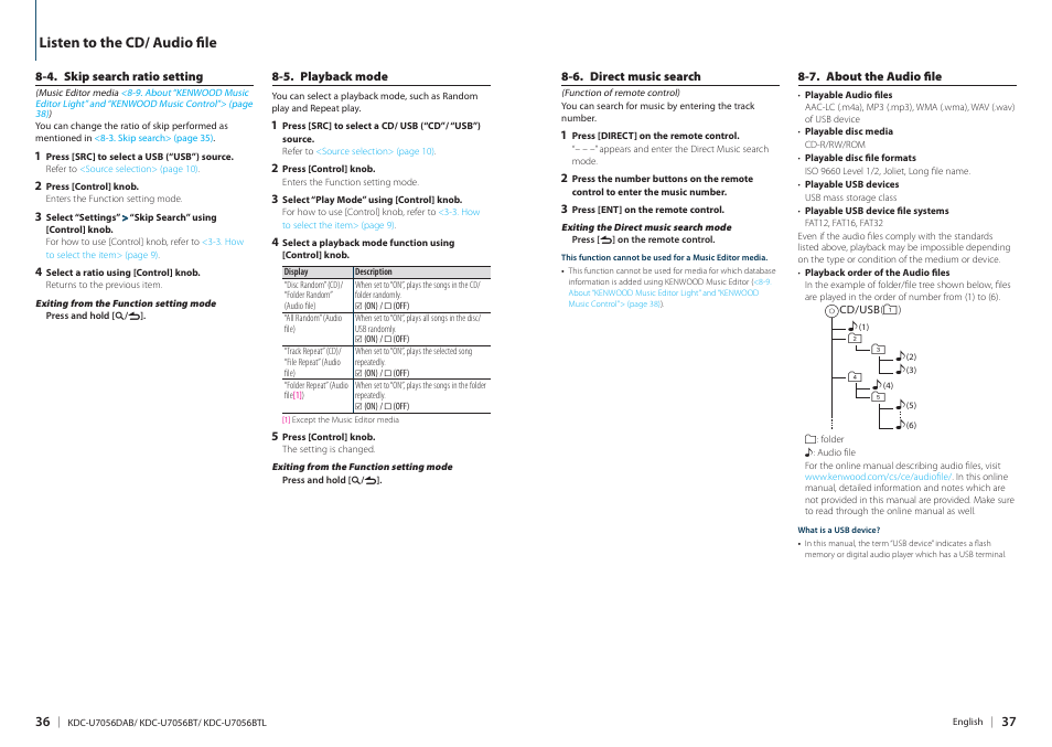 Listen to the cd/ audio file | Kenwood KDC-U7056BT User Manual | Page 18 / 41