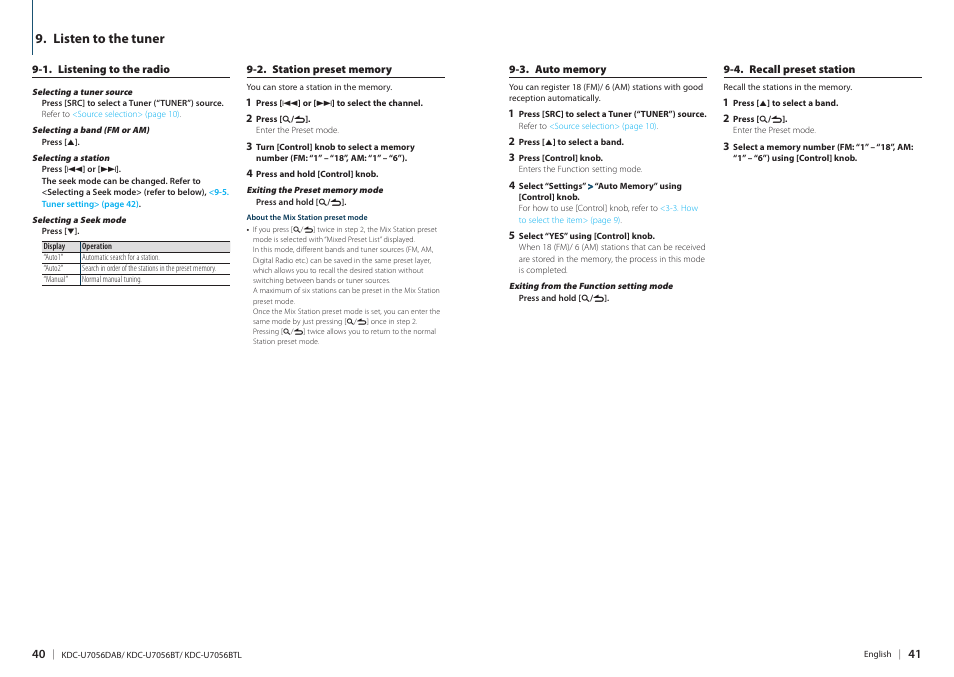 Listen to the tuner | Kenwood KDC-U7056BT User Manual | Page 20 / 41