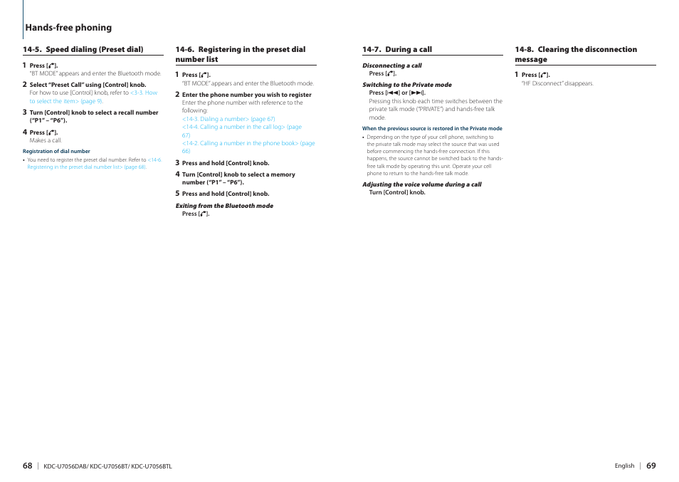 Hands-free phoning | Kenwood KDC-U7056BT User Manual | Page 34 / 41