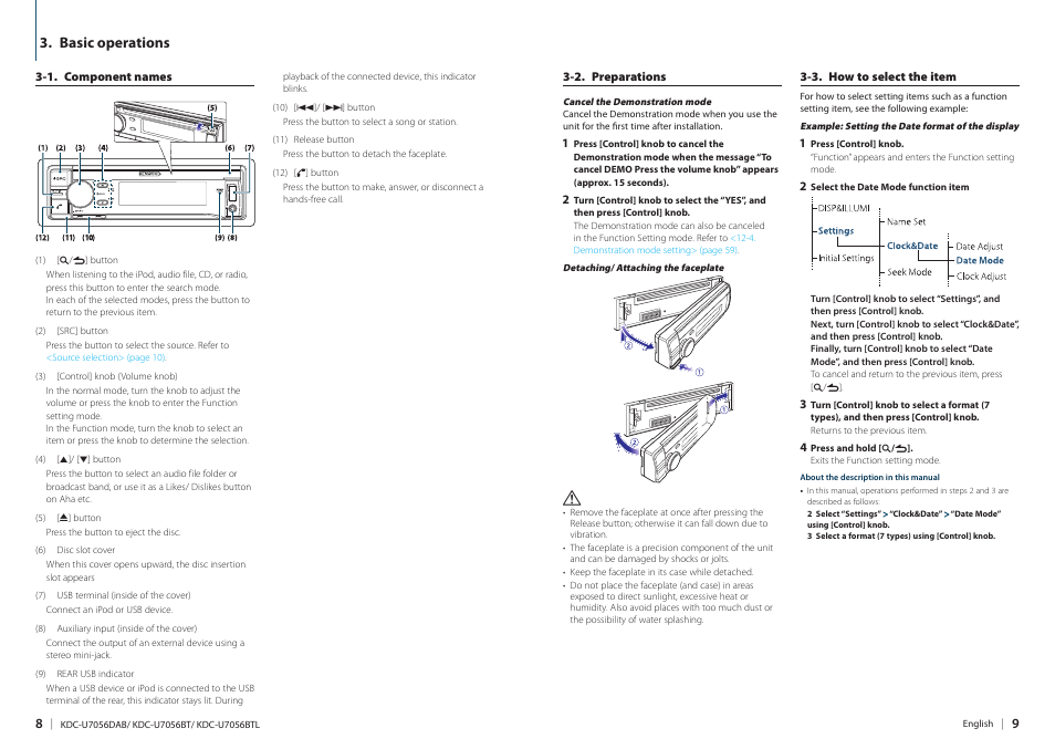 Basic operations | Kenwood KDC-U7056BT User Manual | Page 4 / 41