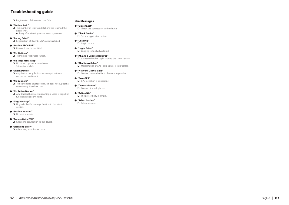 Troubleshooting guide | Kenwood KDC-U7056BT User Manual | Page 41 / 41