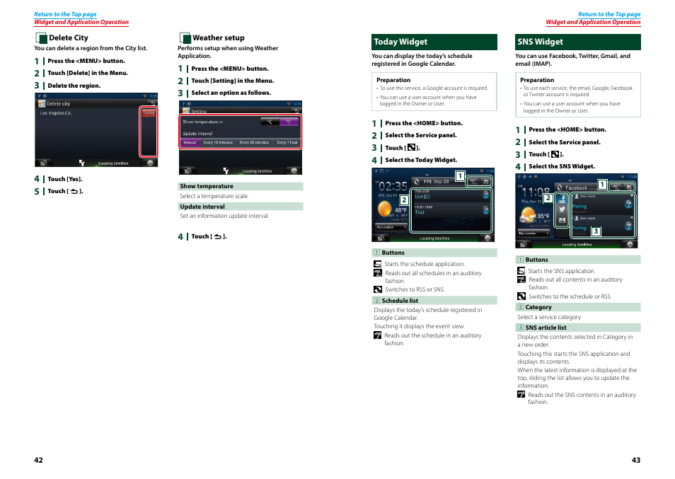 Today widget, Sns widget, Today widget sns widget | Today widget (p.43), P.43), Delete, City (p.42), Weather setup (p.42) | Kenwood DNN770HD User Manual | Page 22 / 87