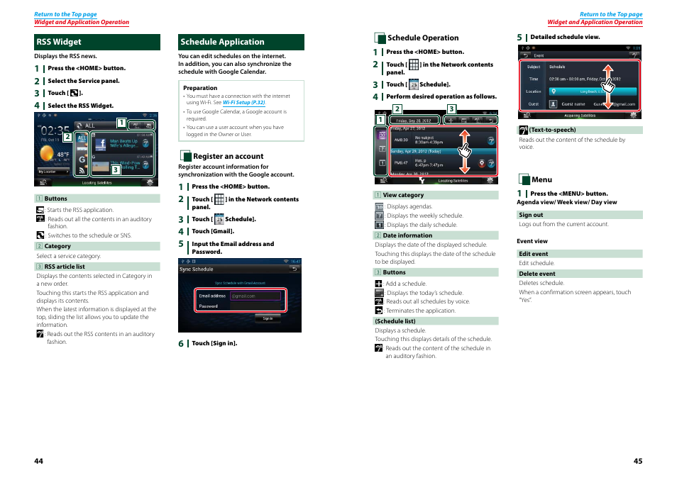 Rss widget, Schedule application, Rss widget schedule application | Rss widget (p.44) | Kenwood DNN770HD User Manual | Page 23 / 87