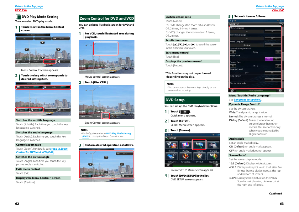 Zoom control for dvd and vcd, Dvd setup, Zoom control for dvd and vcd dvd setup | P.62) | Kenwood DNN770HD User Manual | Page 32 / 87