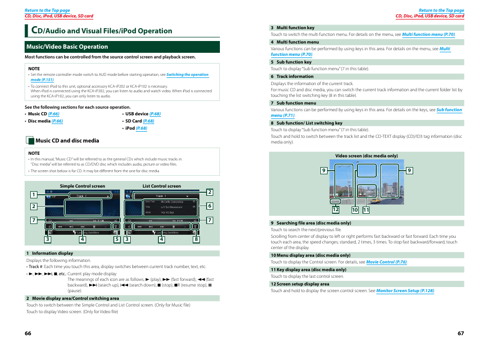 Cd/audio and visual files/ipod operation, Music/video basic operation, Cd/audio and visual files/ipod | Operation 66, D/audio and visual files/ipod operation | Kenwood DNN770HD User Manual | Page 34 / 87