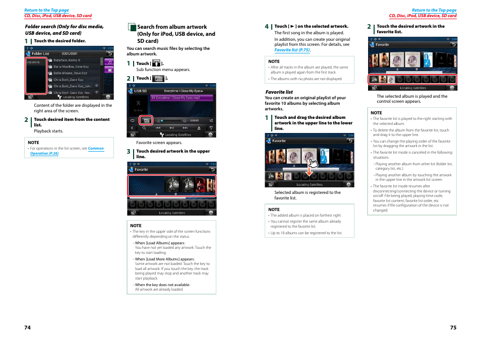 Search from album, Artwork (p.74), T album in | Favorite list (p.75), P.74) | Kenwood DNN770HD User Manual | Page 38 / 87