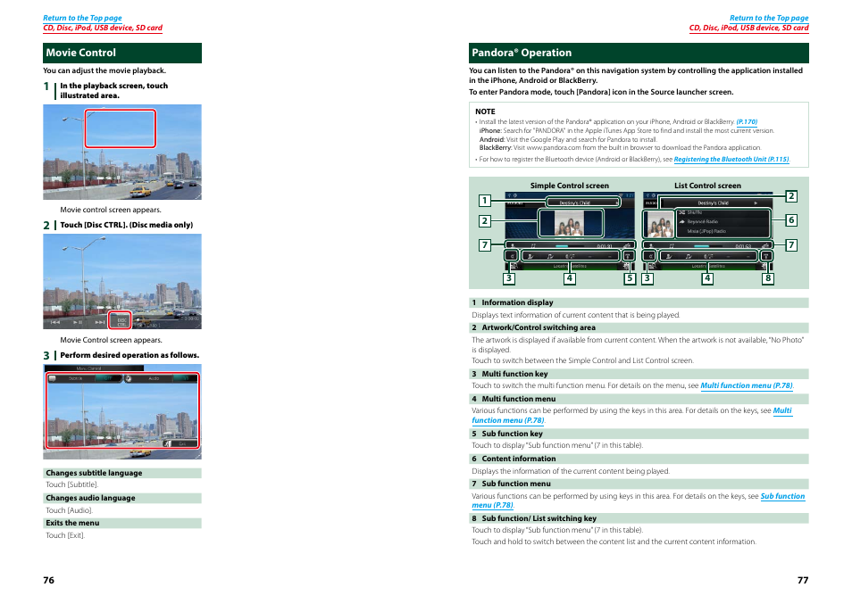 Movie control, Pandora® operation, Movie control pandora® operation | Movie control (p.76) | Kenwood DNN770HD User Manual | Page 39 / 87