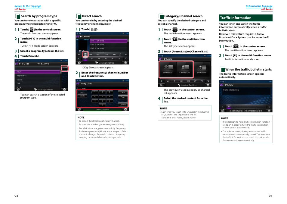 Traffic information, Direct search (p.92), Traffic information (p.93) | Search by program type (p.92) | Kenwood DNN770HD User Manual | Page 47 / 87