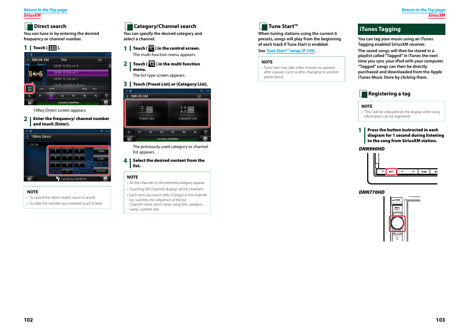 Itunes tagging, Iusxm, P.103) | Direct search (p.102) | Kenwood DNN770HD User Manual | Page 52 / 87