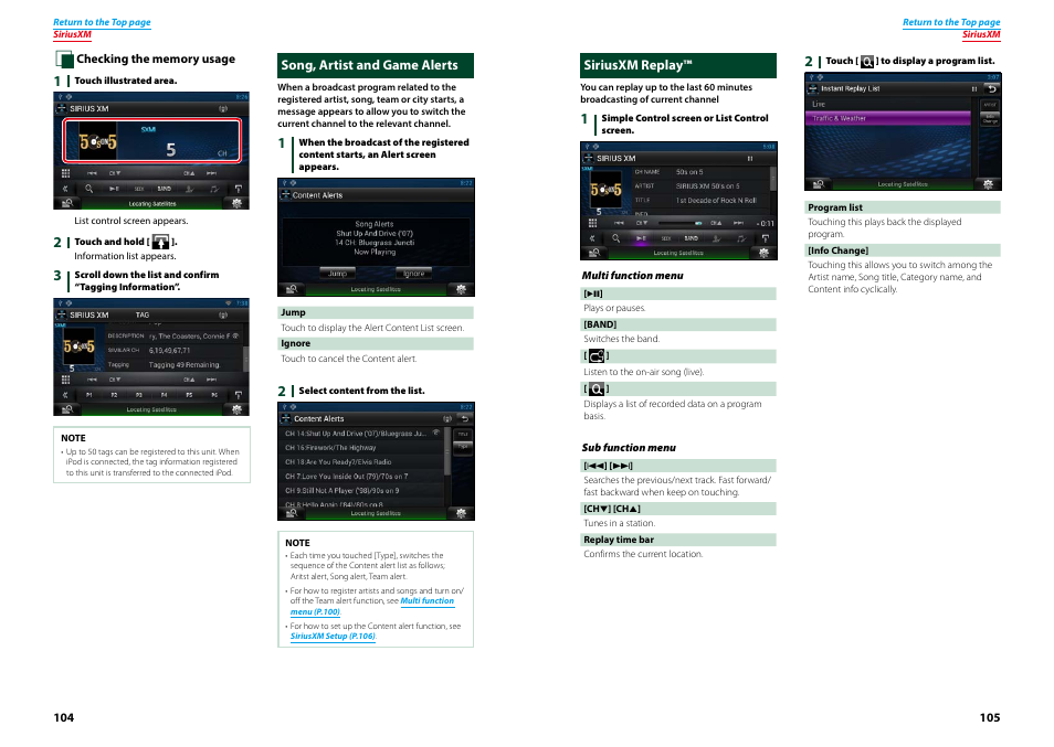 Song, artist and game alerts, Siriusxm replay, Song, artist and game alerts siriusxm replay | P.105), Siriusxm replay™ (p.105), Song, artist and game alerts (p.104) | Kenwood DNN770HD User Manual | Page 53 / 87