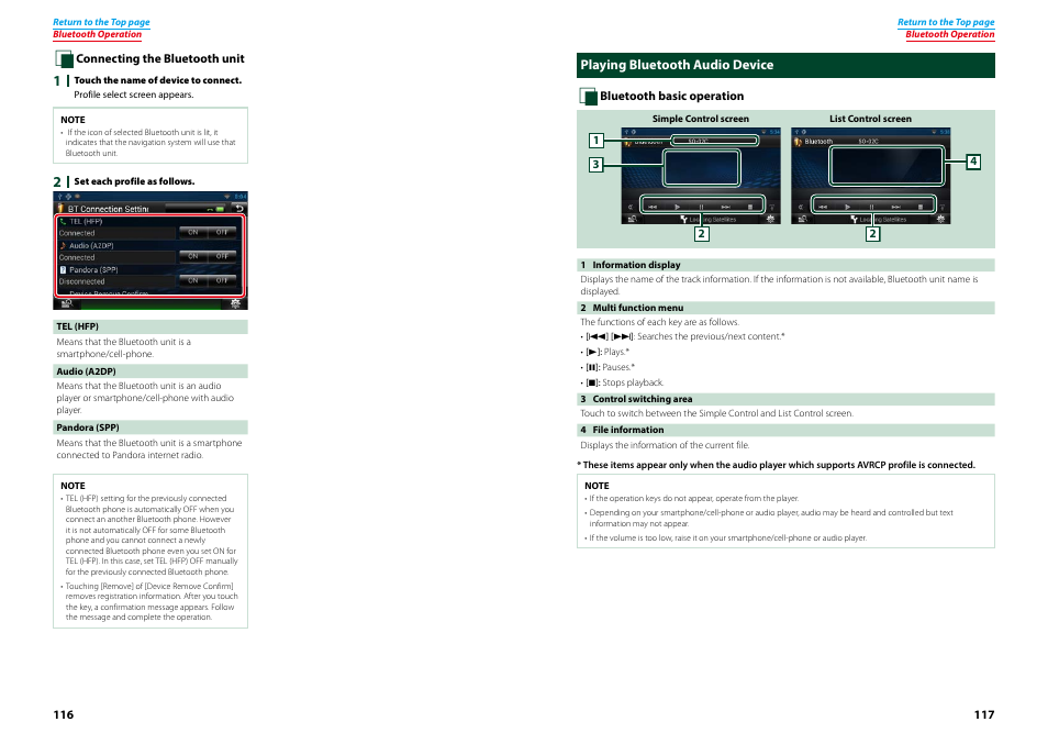 Playing bluetooth audio device, Oth unit, P.116) | Connecting the bluetooth unit | Kenwood DNN770HD User Manual | Page 59 / 87