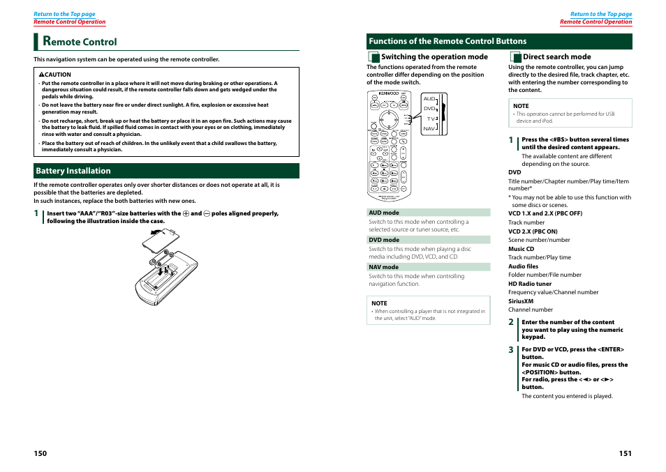 Remote control, Battery installation, Functions of the remote control buttons | Switching the operation, Mode (p.151), Direct search mode (p.151), Ting operation, see, Emote control | Kenwood DNN770HD User Manual | Page 76 / 87