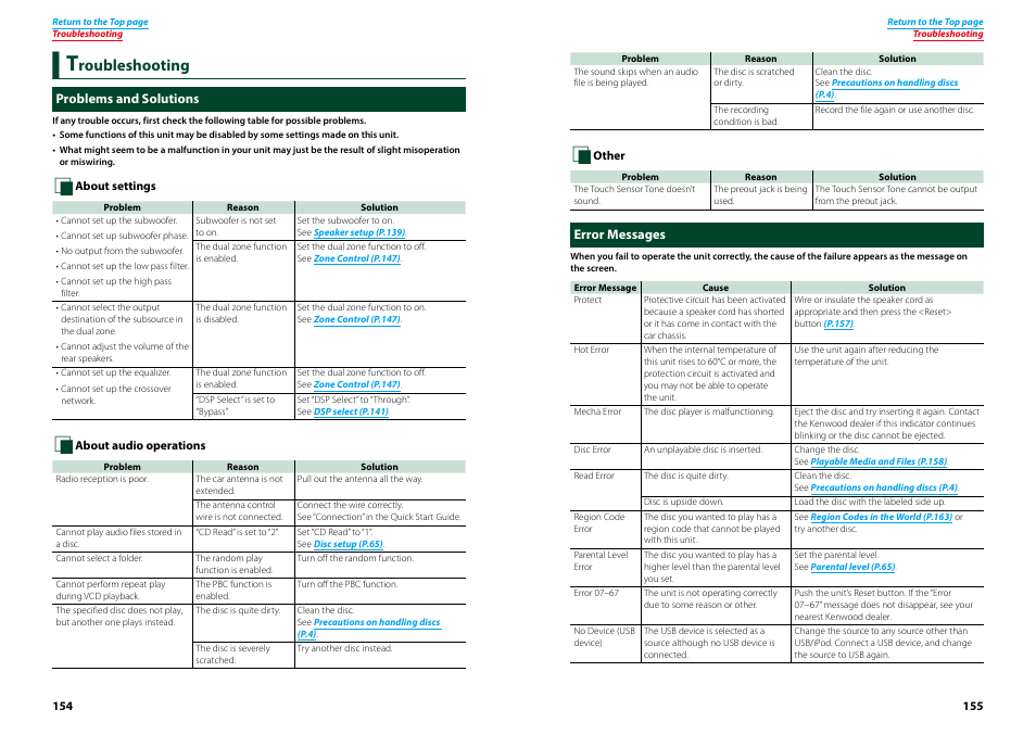 Troubleshooting, Problems and solutions, Error messages | Troubleshooting 154, Problems and solutions error messages, Roubleshooting | Kenwood DNN770HD User Manual | Page 78 / 87