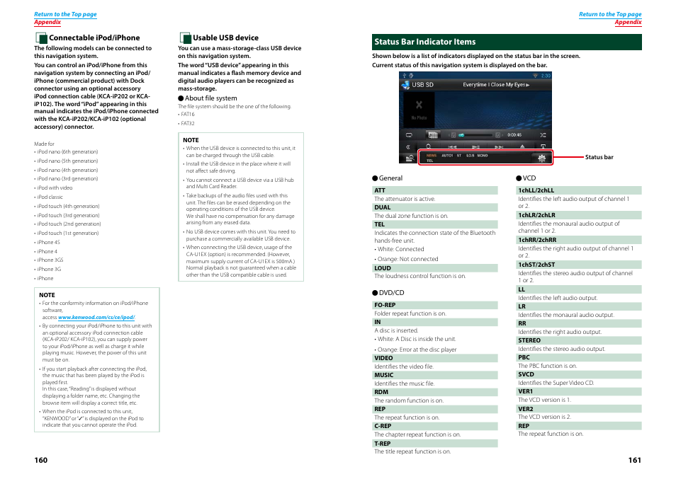 Status bar indicator items, Connectable ipod/iphone (p.160) | Kenwood DNN770HD User Manual | Page 81 / 87